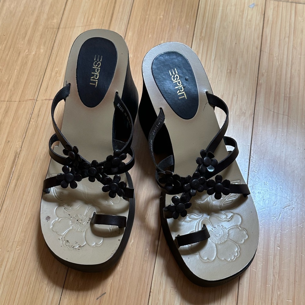 Vintage Esprit Y2K Chunky Platform Brown Leather Flower Sandals, Made in Brazil